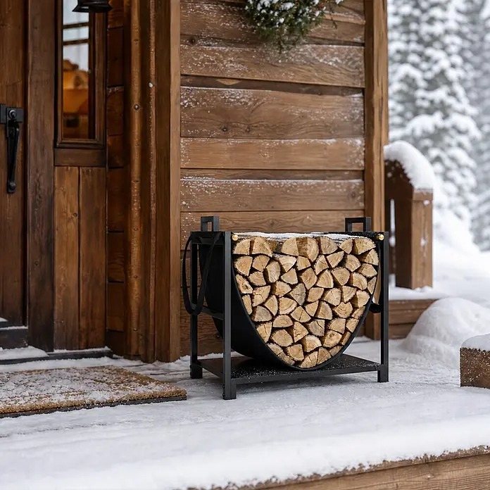 Outsunny Kaminholzregal - Metall, Schwarz - Schwarzes Metall-Brennholzregal mit Segeltuchträger, gefüllt mit Holzscheiten, auf einer verschneiten Veranda vor einer rustikalen Holzhütte.