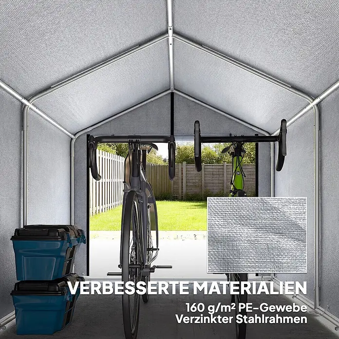 Outsunny Gerätehaus - Außenmaß inkl. Dachüberstand (B x T): 162 x 221,5 cm, Polyester, Hellgrau - Innenansicht eines grauen Lagerzelts aus 160 g/m² PE-Gewebe und verzinktem Stahlrahmen, mit Fahrrädern und blauen Behältern.