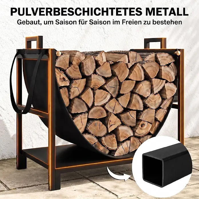 Outsunny Kaminholzregal - Metall, Schwarz - Schwarz pulverbeschichteter Metall-Kaminholzständer mit Stoffträger, gefüllt mit Holzscheiten, für den Außenbereich.