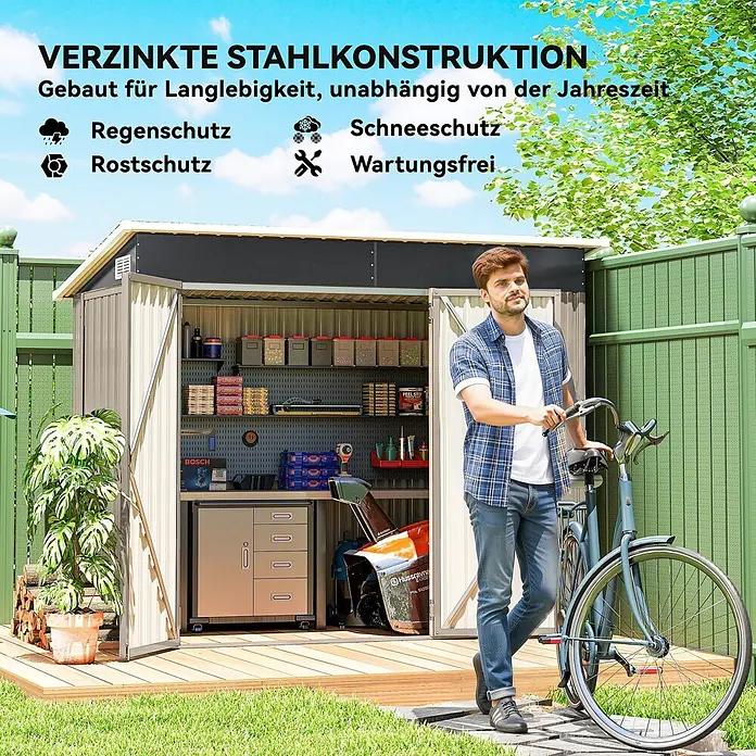 Outsunny Gerätehaus - Außenmaß inkl. Dachüberstand (B x T): 234 x 132 cm, Stahl, Hellgrau - Verzinkter Stahl-Gartenschuppen mit offenen Türen, zeigt organisierte Lagerung und Werkzeuge. Ein Mann steht daneben mit Fahrrad im sonnigen Garten.