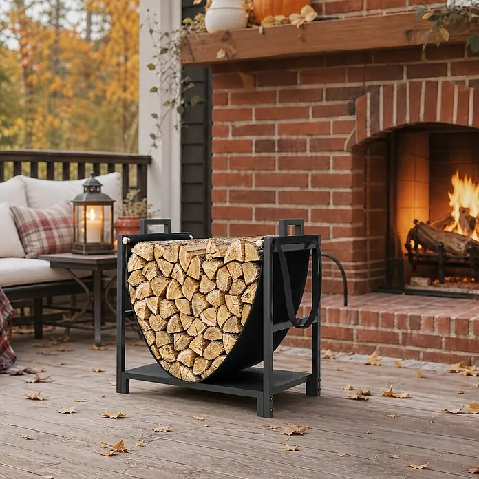 Outsunny Kaminholzregal - Metall, Schwarz - Schwarzer Metall-Brennholzhalter mit Stoffschlinge, gefüllt mit Holzscheiten, auf einer Terrasse neben einem Kamin.