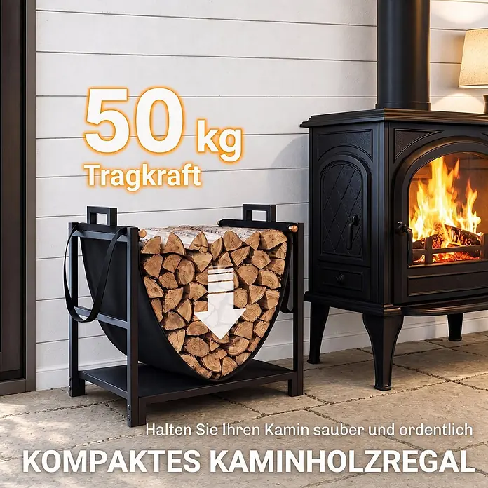 Outsunny Kaminholzregal - Metall, Schwarz - Schwarzmetall-Kaminholzregal mit Stoffschlinge, gefüllt mit Holzscheiten, neben einem brennenden Ofen.