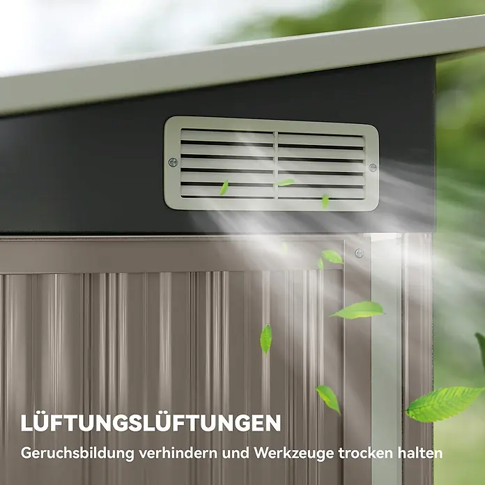 Outsunny Gerätehaus - Außenmaß inkl. Dachüberstand (B x T): 234 x 132 cm, Stahl, Hellgrau - Helle Lüftungsgitter an einem Geräteschuppen, beugen Geruchsbildung vor und halten Werkzeuge trocken.
