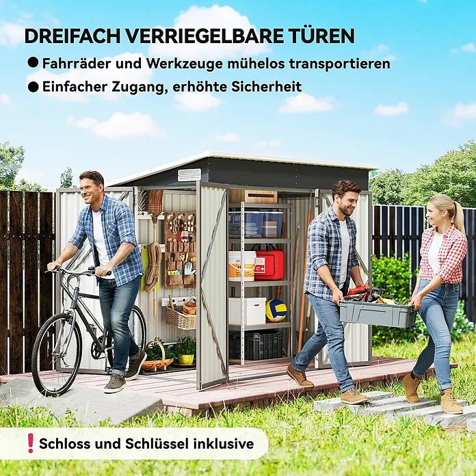 Outsunny Gerätehaus - Außenmaß inkl. Dachüberstand (B x T): 234 x 132 cm, Stahl, Hellgrau - Grauer Metall-Gartenschuppen mit breiten Türen, von Personen für Fahrräder und Werkzeuge genutzt, für einfachen Zugang und Sicherheit.