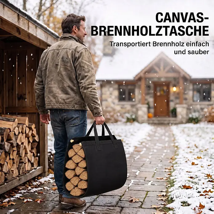 Outsunny Kaminholzregal - Metall, Schwarz - Schwarze Canvas-Brennholztragetasche, gefüllt mit Holz, wird von einem Mann im Schnee getragen. Ermöglicht einfachen und sauberen Transport.