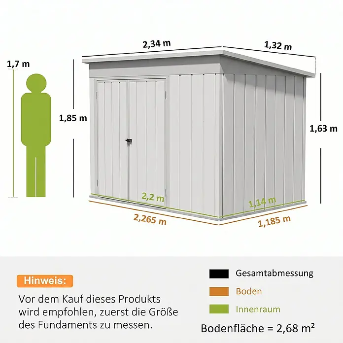 Outsunny Gerätehaus - Außenmaß inkl. Dachüberstand (B x T): 234 x 132 cm, Stahl, Hellgrau - Hellgraues Gartenhaus mit allen relevanten Maßen und einer menschlichen Silhouette zum Größenvergleich.