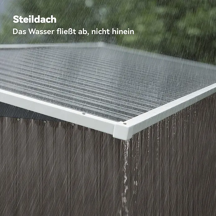 Outsunny Gerätehaus - Außenmaß inkl. Dachüberstand (B x T): 234 x 132 cm, Stahl, Hellgrau - Steildach eines Geräteschuppens mit transparenten Platten, von dem Regenwasser abläuft.
