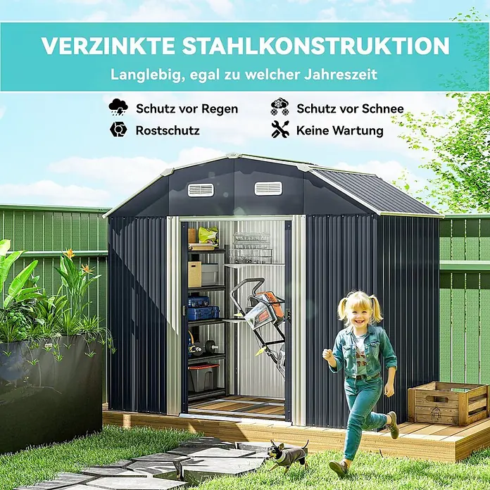 Outsunny Gerätehaus - Außenmaß inkl. Dachüberstand (B x T): 238 x 132 cm, Stahl, Dunkelgrau - Dunkelgrauer Geräteschuppen aus verzinktem Stahl im Garten, mit offenem Tor und Kind davor.