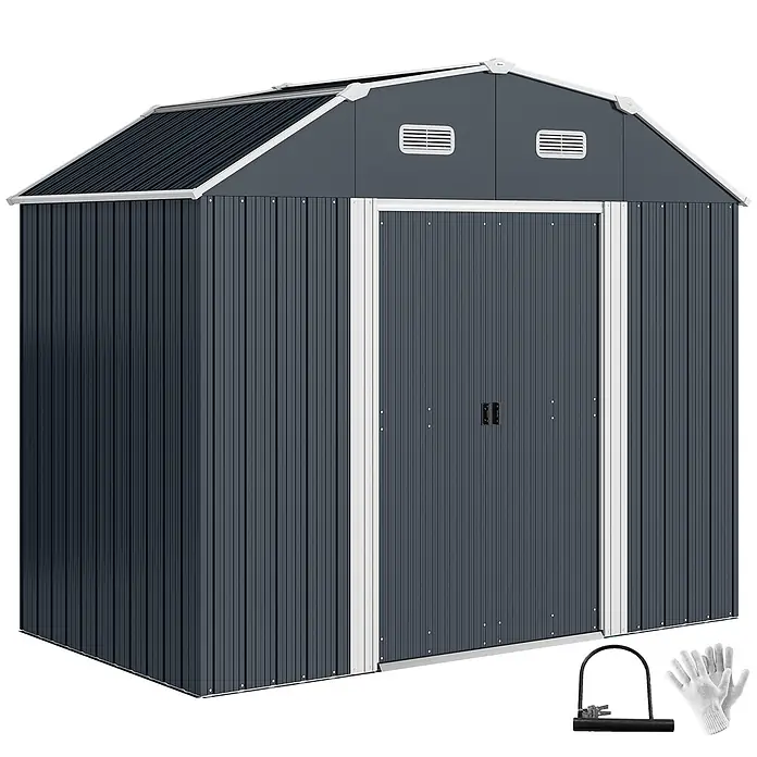 Outsunny Gerätehaus - Außenmaß inkl. Dachüberstand (B x T): 238 x 132 cm, Stahl, Dunkelgrau - Dunkelgrauer Metall-Gartenschuppen mit schwarzem Dach, weißer Verkleidung und Doppeltüren. Ein Vorhängeschloss und Arbeitshandschuhe sind enthalten.