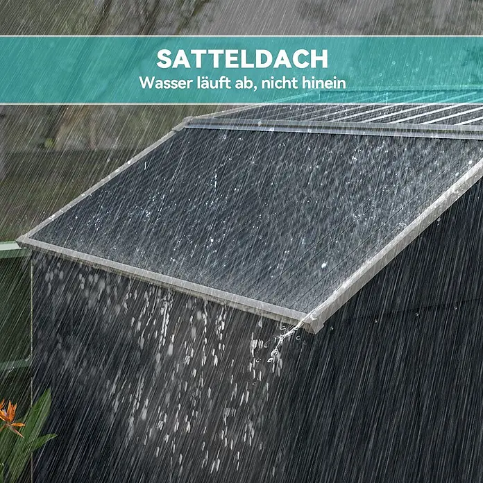 Outsunny Gerätehaus - Außenmaß inkl. Dachüberstand (B x T): 238 x 132 cm, Stahl, Dunkelgrau - Dunkles Satteldach eines Schuppens, von dem Regenwasser sichtbar abläuft.