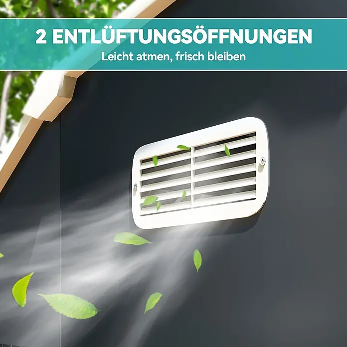 Outsunny Gerätehaus - Außenmaß inkl. Dachüberstand (B x T): 238 x 132 cm, Stahl, Dunkelgrau - Weißes Lüftungsgitter an dunkler Wand, Blätter wehen heraus, was Luftzirkulation anzeigt.
