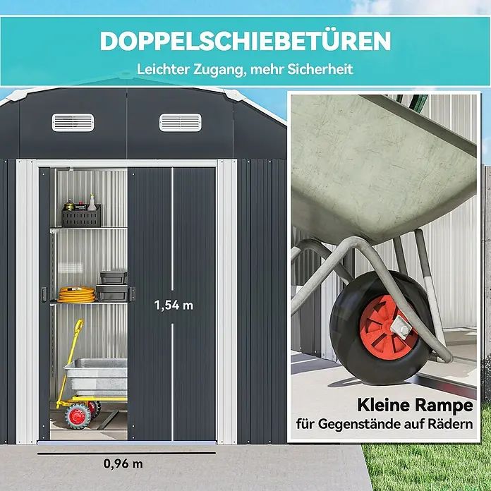 Outsunny Gerätehaus - Außenmaß inkl. Dachüberstand (B x T): 238 x 132 cm, Stahl, Dunkelgrau - Dunkelgraues Metallgerätehaus mit Doppelschiebetüren und kleiner Rampe für einfachen Zugang. Maße: 1,54m H, 0,96m B.