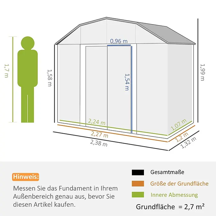Outsunny Gerätehaus - Außenmaß inkl. Dachüberstand (B x T): 238 x 132 cm, Stahl, Dunkelgrau - Schema eines Garten-Gewächshauses/Schuppens mit detaillierten Außen- und Innenmaßen, Türgröße und Grundfläche. Eine Silhouette zeigt die Skala.