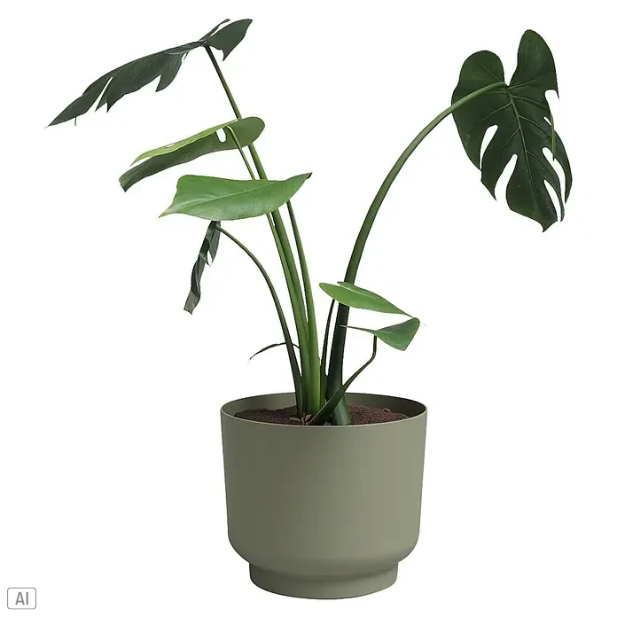 Artevasi Übertopf rund Miami - Außenmaß (Ø x H): 20 x 17 cm, Kunststoff, Grün, Matt - Monstera-Pflanze mit großen grünen Blättern in einem runden, matten salbeigrünen Topf mit dunkler Erde.