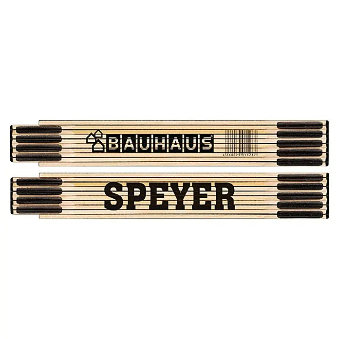 BAUHAUS Zollstock - Speyer, 2 m - Bild eines Doppel-Gliedermaßstabs mit den Aufschriften "Bauhaus" und "Speyer", ideal für Bauprojekte und Heimwerkerarbeiten.