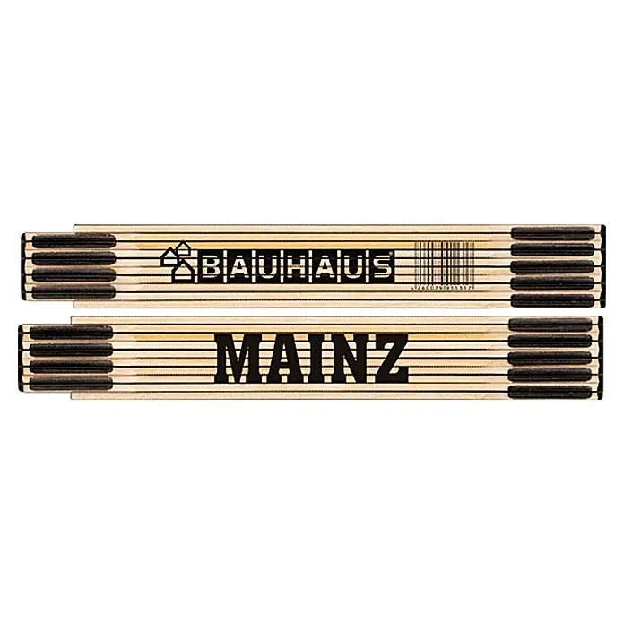 BAUHAUS Zollstock - Mainz, 2 m - Messstab aus Holz mit den Aufschriften "Bauhaus" und "Mainz", ideal für präzise Messungen in Handwerk und Bau.