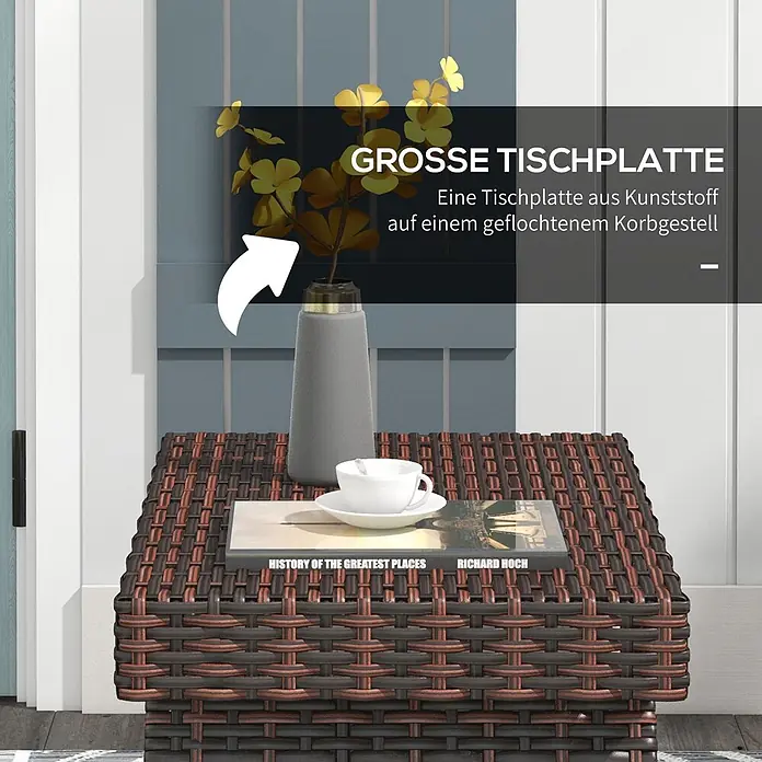 Furnicato Garten-Loungetisch - L x B x H: 60 x 41 x 41 cm, Braun - Brauner und schwarzer Beistelltisch in Rattanoptik mit Kunststoffplatte, für den Außenbereich.