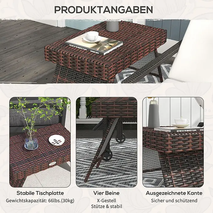 Furnicato Garten-Loungetisch - L x B x H: 60 x 41 x 41 cm, Braun - Dunkelbrauner Rattan-Look Outdoor-Beistelltisch mit stabiler Tischplatte, X-Rahmenbeinen und schützender Kante.