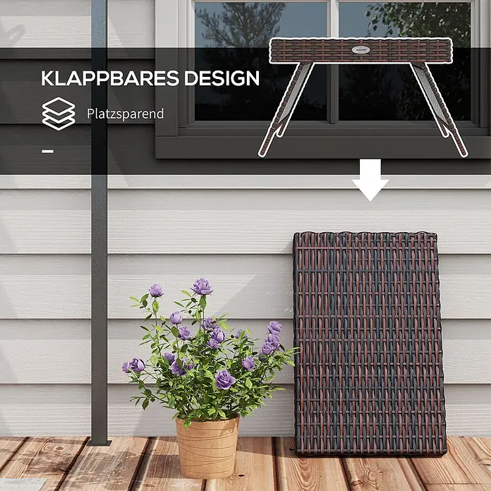 Furnicato Garten-Loungetisch - L x B x H: 60 x 41 x 41 cm, Braun - Klappbarer braun-schwarzer Rattan-Außentisch, der seine platzsparende Faltfunktion demonstriert.
