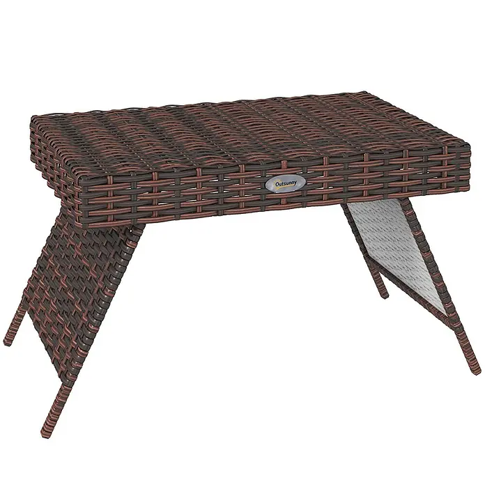 Furnicato Garten-Loungetisch - L x B x H: 60 x 41 x 41 cm, Braun - Rechteckiger Beistelltisch aus dunkelbraunem und braunem Polyrattan mit abgewinkelten Beinen und Outsunny-Logo.