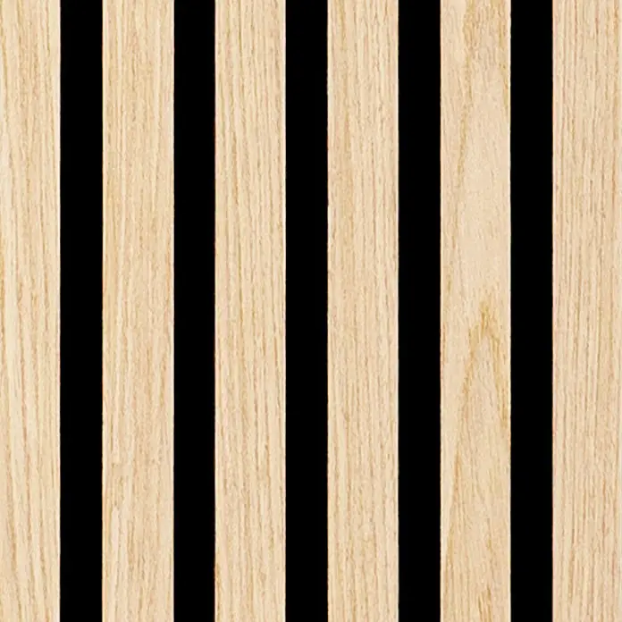 Sonido Akustikpaneel Elements - New Oak Light, L x B x S: 2.440 x 560 x 18 mm - Helle Holzlamellen vertikal mit schwarzen Zwischenräumen, ähnlich einer Akustik- oder Dekorwandplatte.