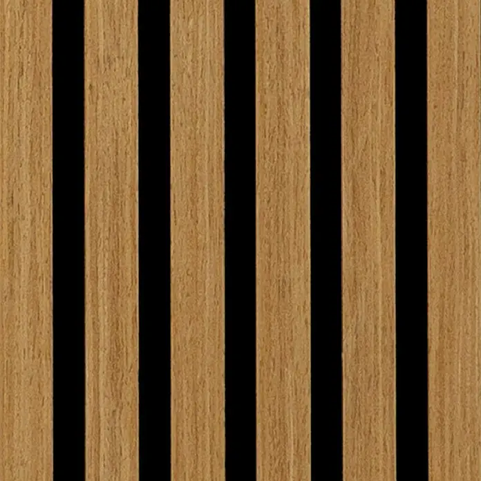 Sonido Akustikpaneel Elements - Oiled Oak, L x B x S: 2.440 x 560 x 18 mm - Vertikale hellbraune Holzlatten mit schwarzen Zwischenräumen, als Deko- oder Akustikwandpaneel.