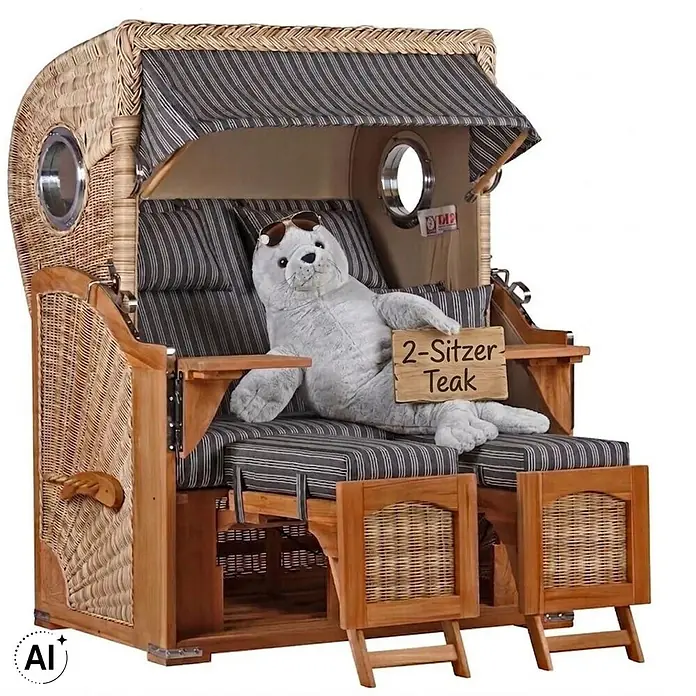 Strandkorb Düne Bullauge Teak PE Shell Dessin 500 -  - 2-sitziger Strandkorb aus Korbgeflecht und Teakholz mit gestreiften Polstern. Ein Plüsch-Seehund hält ein Schild: "2-Sitzer Teak".
