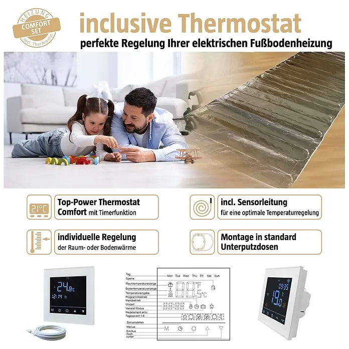 Admiral Fußbodenheizung Top-Power Select - 6 x 0,5 m, Beheizbare Fläche: 3 m², 240 W - Elektrisches Fußbodenheizungs-Set mit Thermostat und Sensorkabel für präzise Temperaturregelung.
