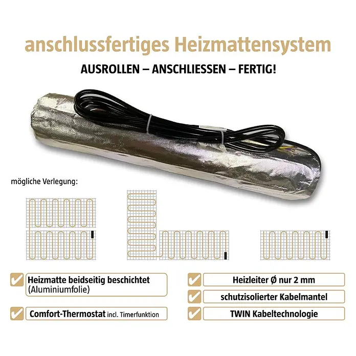 Admiral Fußbodenheizung Top-Power Select - 6 x 0,5 m, Beheizbare Fläche: 3 m², 240 W - Gerolltes, anschlussfertiges Heizmatten-System mit Kabeln.