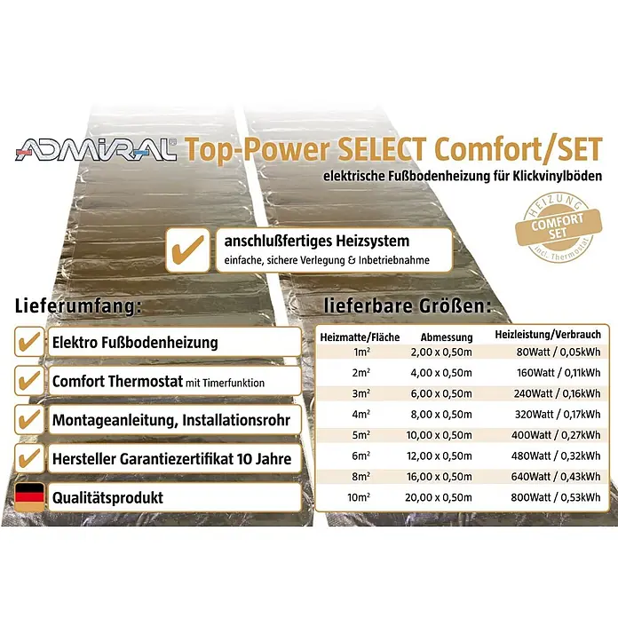 Admiral Fußbodenheizung Top-Power Select - 6 x 0,5 m, Beheizbare Fläche: 3 m², 240 W - Elektrisches Fußbodenheizsystem für Klickvinylböden von Admiral Top-Power SELECT mit Spezifikationen.
