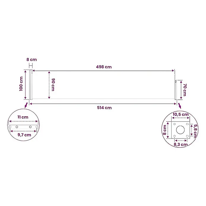 vidaXL Seitenmarkise Schwarz 500 x 500 x 100 cm Stoff -  - Technische Zeichnung eines 514 cm langen Torrahmens mit detaillierten Maßen und Nahaufnahmen der 100 cm und 70 cm hohen Endbeschläge.