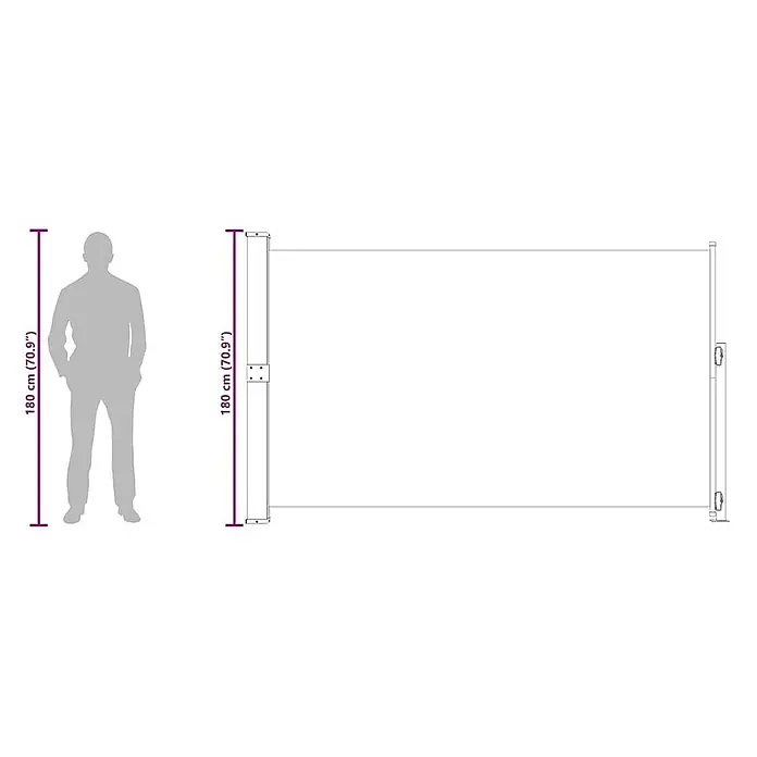 VidaXL Klemmmarkise - Breite: 3 m - Ausziehbare Seitenmarkise, 180 cm (70,9 Zoll) hoch, ausgezogen zur Darstellung der Maße im Vergleich zu einer menschlichen Silhouette.