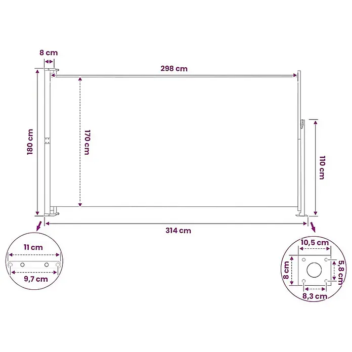 VidaXL Klemmmarkise - Breite: 3 m - Maßzeichnung einer ausziehbaren Seitenmarkise mit 314 cm Gesamtlänge, 180 cm Hauptpfostenhöhe und detaillierten Montageplattenmaßen.