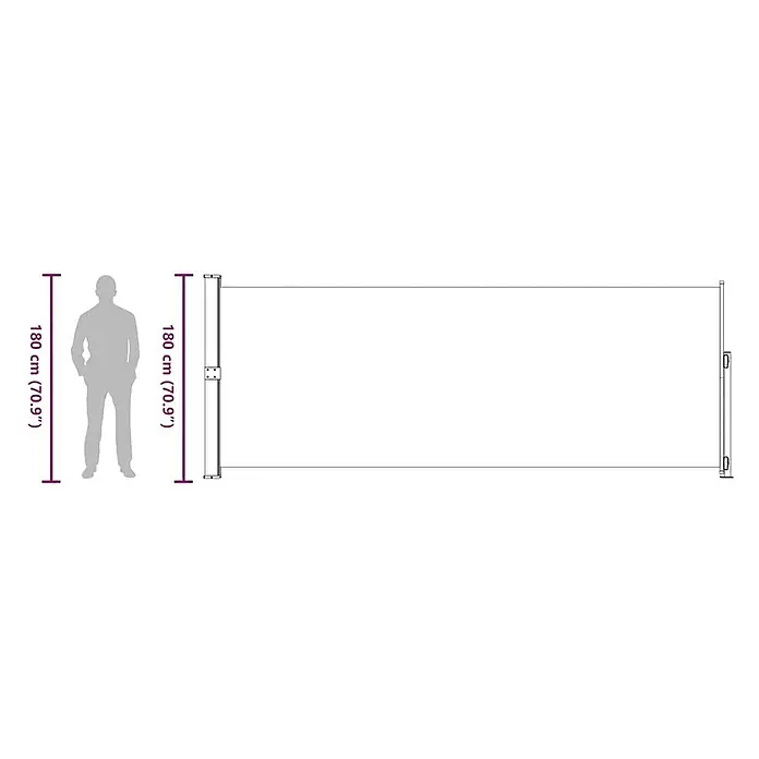 VidaXL Klemmmarkise - Crème, Breite: 5 m, Ausfall: 5 m - Ausziehbare Seitenmarkise, 180 cm hoch, mit menschlicher Figur zur Größenangabe.
