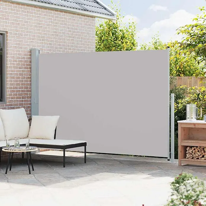 vidaXL Seitenmarkise Grau 300 x 200 cm Stoff -  - Grauer ausziehbarer Sichtschutz auf einer Terrasse, bietet Privatsphäre für Sitzgelegenheiten im Freien.
