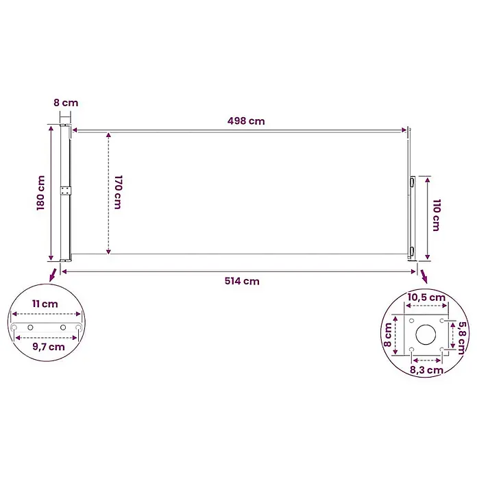 VidaXL Klemmmarkise - Crème, Breite: 5 m, Ausfall: 5 m - Maße einer ausziehbaren Seitenmarkise, mit einer Gesamtbreite von 514 cm, einer Gesamthöhe von 180 cm und detaillierten Befestigungswinkeln.