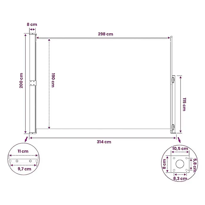 vidaXL Seitenmarkise Grau 300 x 200 cm Stoff -  - Technische Zeichnung einer Seitenmarkise mit Maßen, 200 cm hoch und bis zu 314 cm ausziehbar.