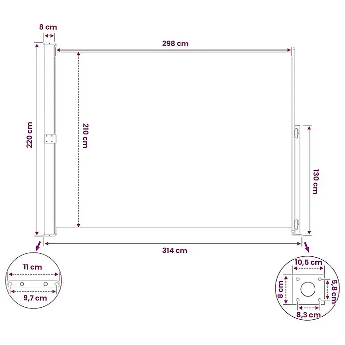vidaXL Seitenmarkise Schwarz 300 x 220 cm Stoff -  - Detaillierte technische Zeichnung einer ausziehbaren Seitenmarkise, inklusive Maßen für Rahmen, ausgezogene Breite und Halterungen.
