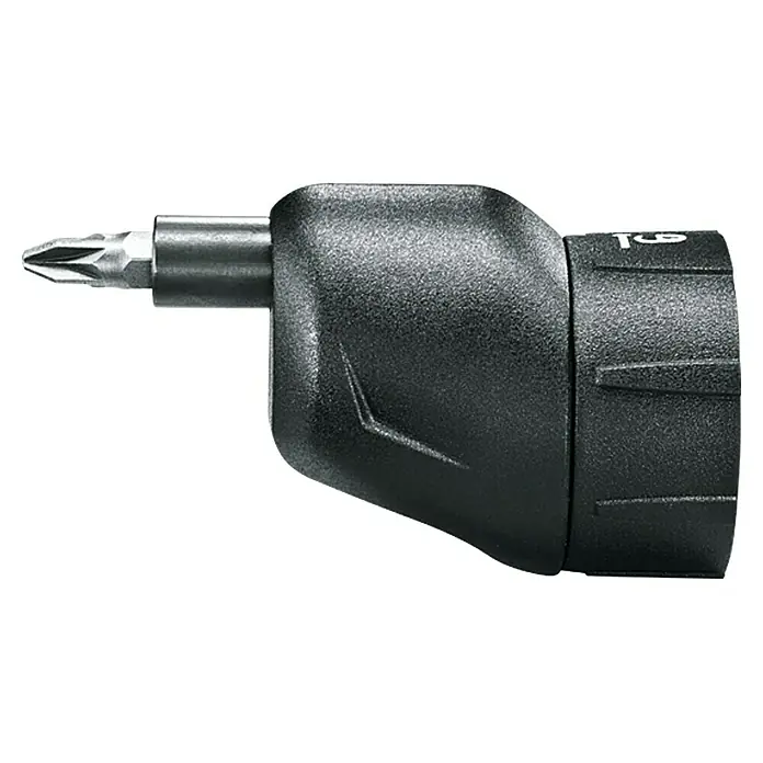 Bosch IXO Exzenter-Aufsatz - ¼″ Sechskant - Nahaufnahme eines schwarzen Schraubendrehers mit Bit. Das Werkzeug ist robust und für präzise Arbeiten konzipiert.