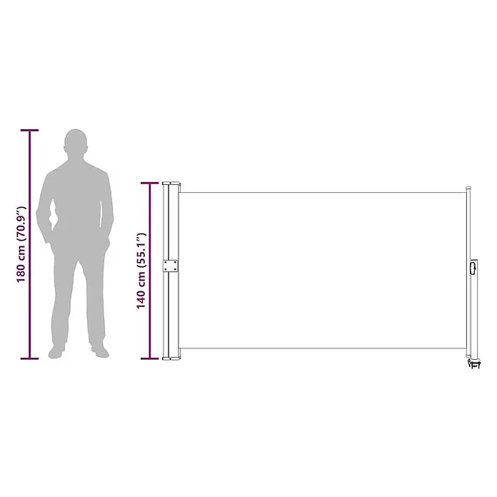 vidaXL Seitenmarkise Schwarz 300 x 300 x 140 cm Stoff -  - Diagramm einer ausziehbaren Seitenmarkise, 140 cm (55,1") hoch, mit 180 cm (70,9") Person zum Größenvergleich.
