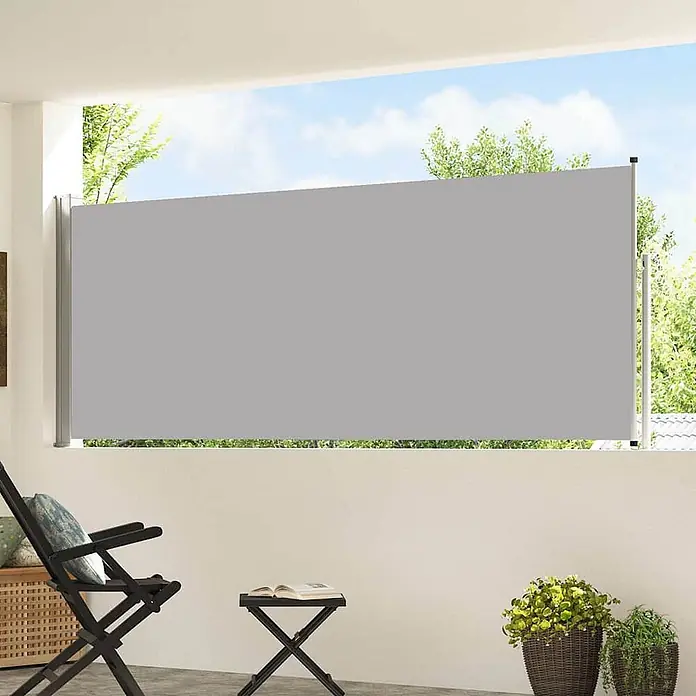 vidaXL Seitenmarkise Grau 500 x 120 cm Stoff -  - Graue ausziehbare Seitenmarkise aus Stoff für Sichtschutz auf einem Balkon.