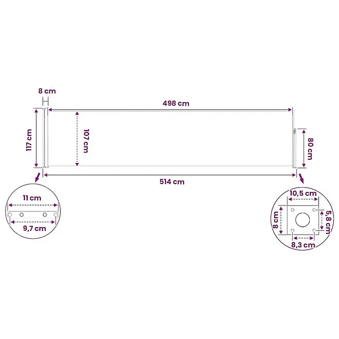 vidaXL Seitenmarkise Grau 500 x 120 cm Stoff -  - Technische Zeichnung mit Maßen für eine rechteckige Sonnenblende oder Jalousie, inklusive Endkappen und Befestigungsdetails.