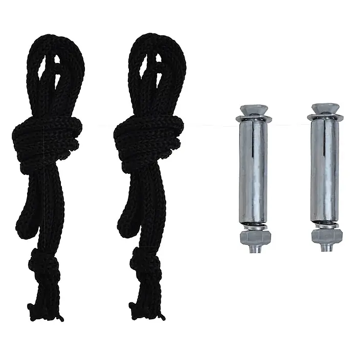 vidaXL Balkon Seitenmarkise Grau 250 x 80 x 70 cm Stoff -  - Zwei schwarze geflochtene Seile mit Schlaufen und zwei silberne Schwerlastdübel, geeignet zum Aufhängen oder Befestigen.