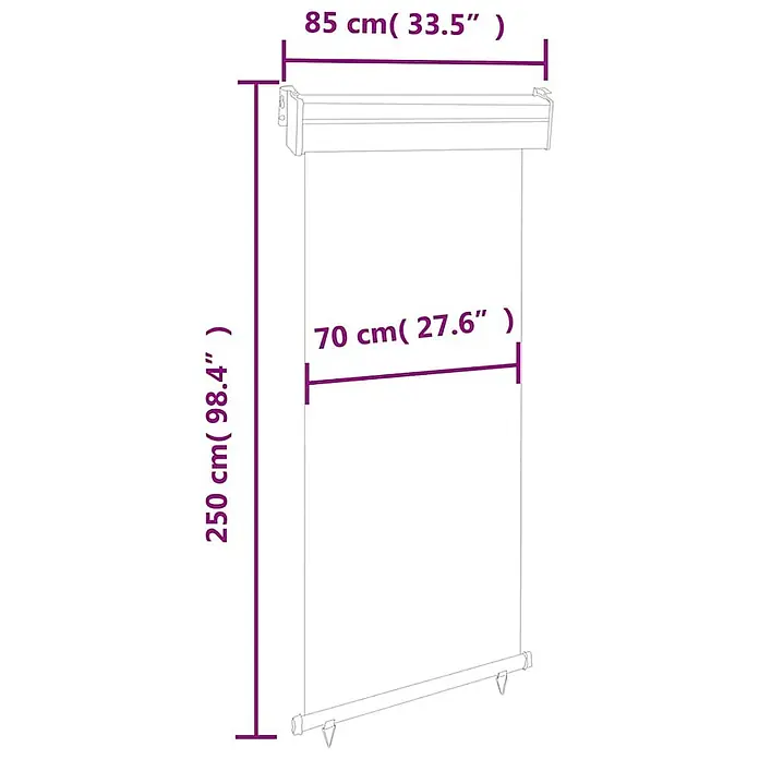 vidaXL Balkon Seitenmarkise Grau 250 x 80 x 70 cm Stoff -  - Weißes Rollrollo mit Abmessungen 85 cm (Breite), 250 cm (Höhe) und Stoffbreite 70 cm.