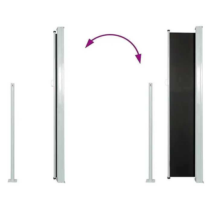 vidaXL Seitenmarkise Schwarz 500 x 500 x 100 cm Stoff -  - Weiße, ausziehbare Seitenmarkise mit schwarzem Stoff, eingefahren und ausgefahren an einem separaten Pfosten.