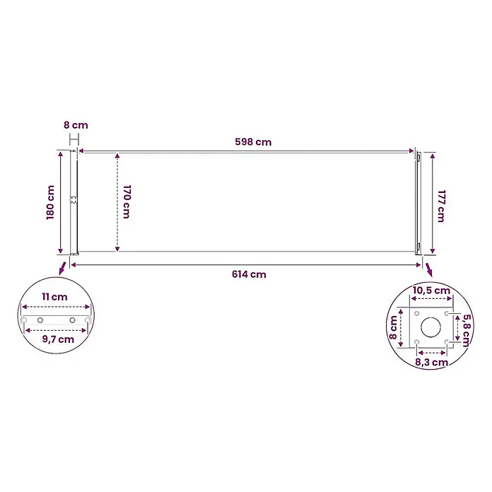 vidaXL Seitenmarkise Grau 600 x 180 cm Stoff -  - Technische Zeichnung eines ausziehbaren Seitenmarkisenrahmens mit detaillierten Maßen: insgesamt 614x180 cm und Nahaufnahmen der Halterungen.