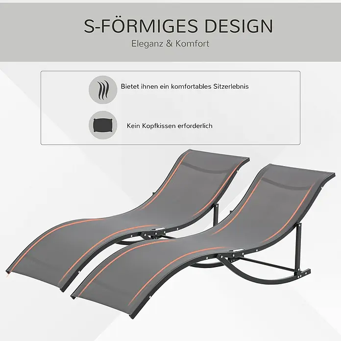 Furnicato Gartenliegen-Set - B x T: 61 x 165 cm, Dunkelgrau, Aluminium - Zwei graue, S-förmige Liegestühle mit schwarzem Gestell, bieten ergonomischen Komfort ohne separates Kopfkissen.