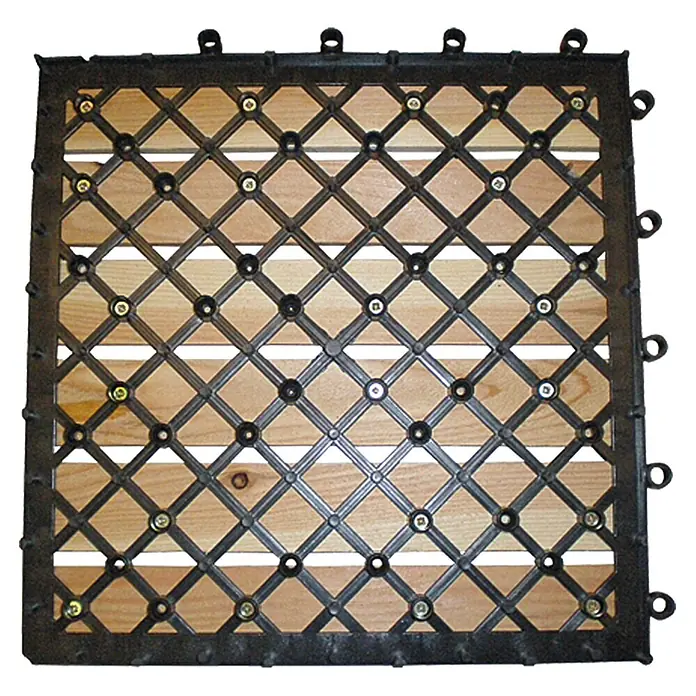Klickfliese - Lärche, 30 x 30 x 3 cm, Braun, 1 Stk. - Quadratische Terrassenfliese mit Holz und schwarzem Kunststoffgitter für den Außenbereich.