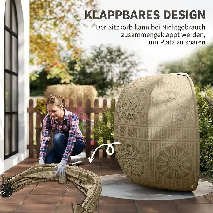 Furnicato Hängesessel - L x B x H: 132 x 126 x 172 cm, Stahl, Schwarz - Klappbarer, beiger Sitzkorb mit Flechtmuster wird von einer Person auf einer Terrasse zusammengeklappt.