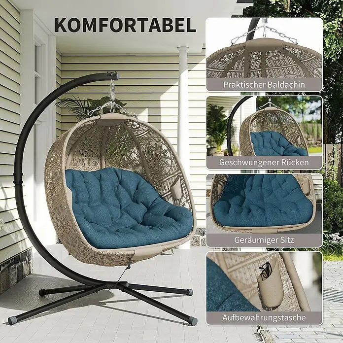 Furnicato Hängesessel - L x B x H: 132 x 126 x 172 cm, Stahl, Schwarz - Beiger Hängesessel mit blauem Kissen und schwarzem Gestell auf einer Terrasse.